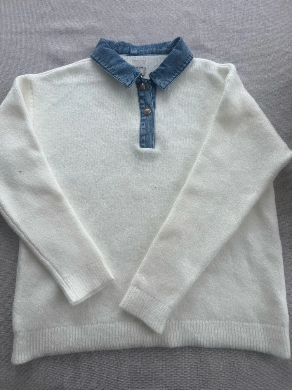 Maeve (Anthropology) White Crewneck Sweater with Denim Collar Size XS